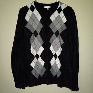 Super-Soft, Sleek, Black/Grey/Red/Winter White Argyle Sweater Women's L